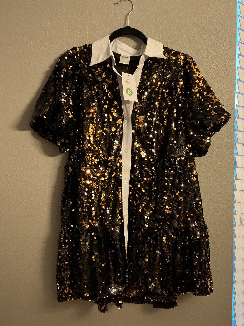 Sequin Mini Shirt Dress with White Collar - Black & Gold